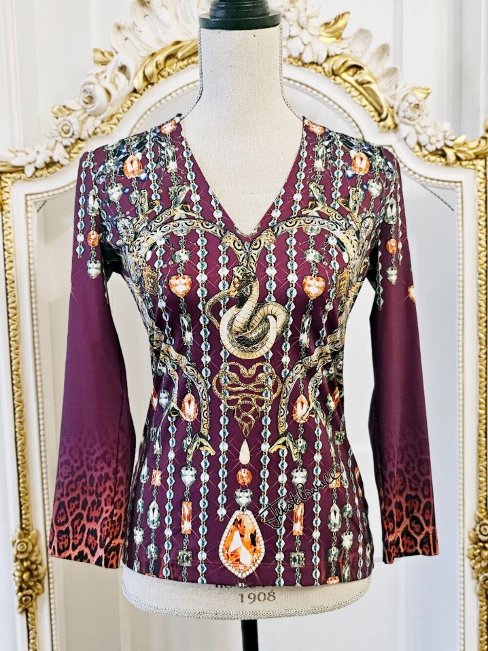 Just Cavalli burgundy printed stretch top, size M